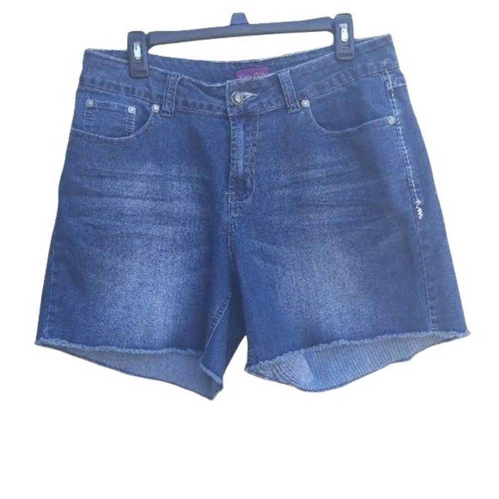 Karma Shorts Womens 14 Blue Jean Dark Wash Whiskering Bling Pockets Raw Hem